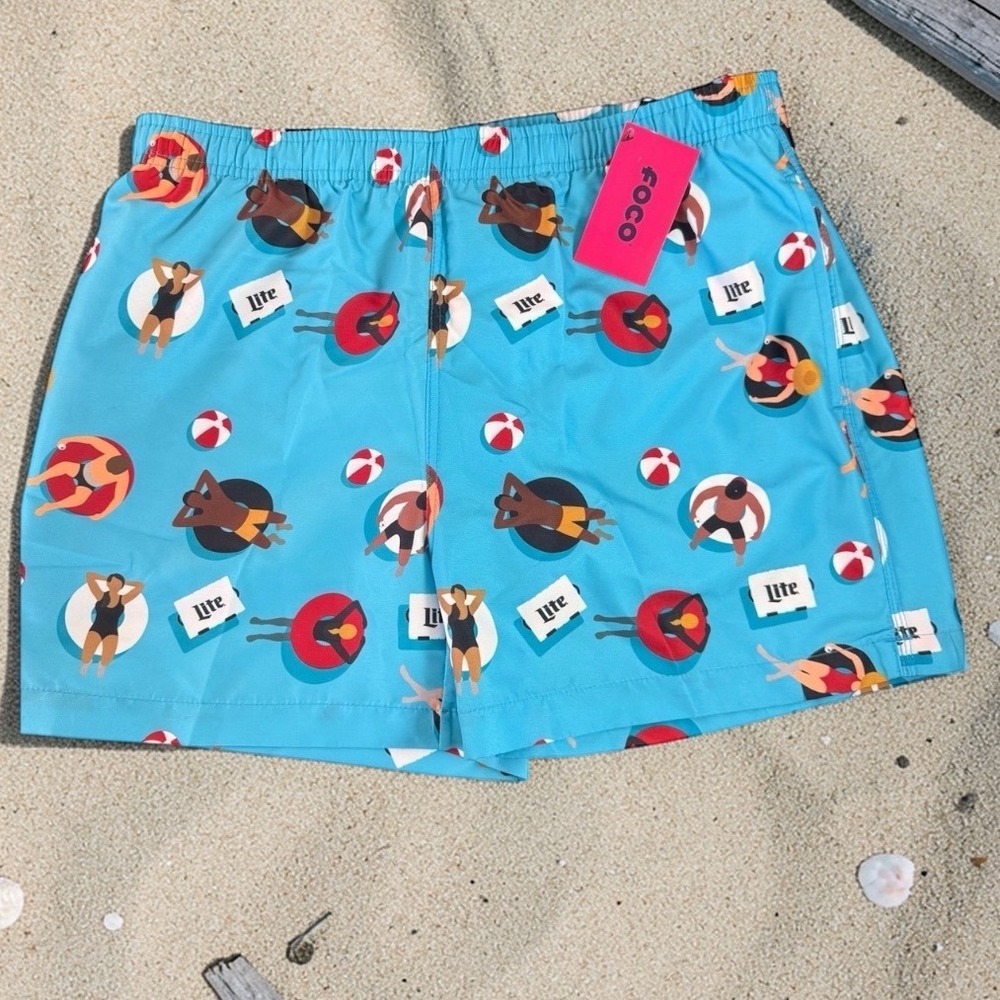 FOCO Miller‎ Lite Mens Blue Beach Graphic Swim Trunks Shorts NWT Large